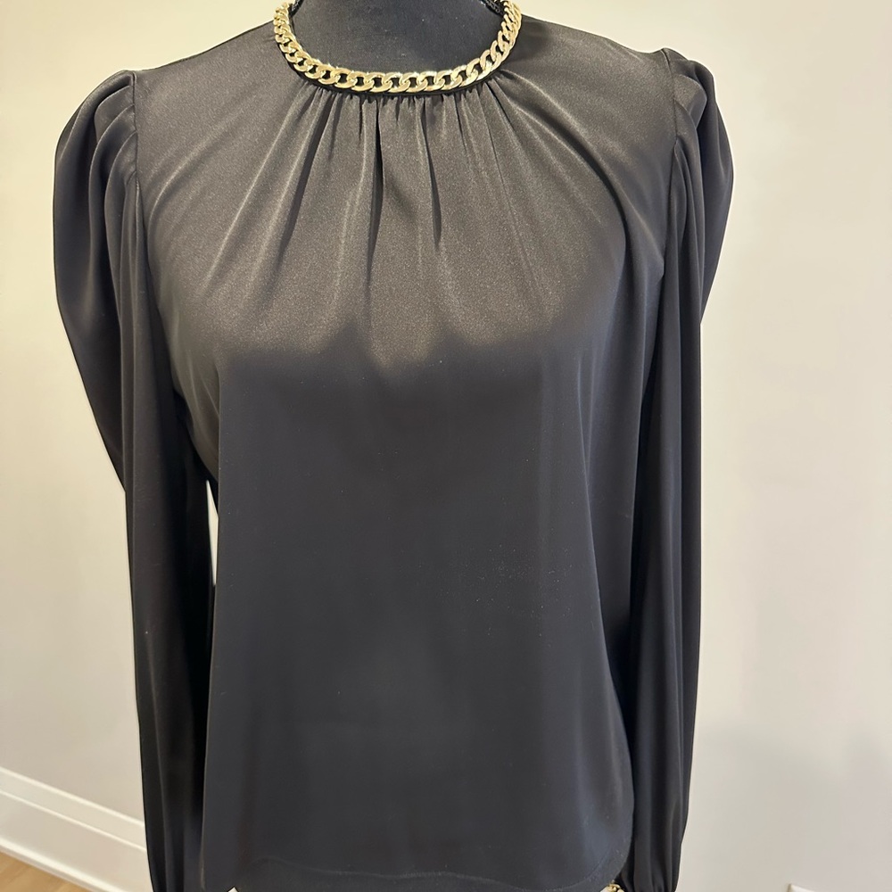 Generation Love Black Blouse with Puff Sleeves and Embellished Neckline